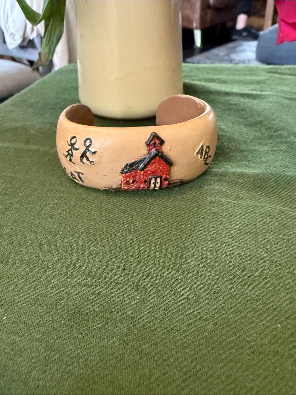 Hand-Painted Folk Art Cuff Bracelet – Schoolhouse & Stick Figure Design